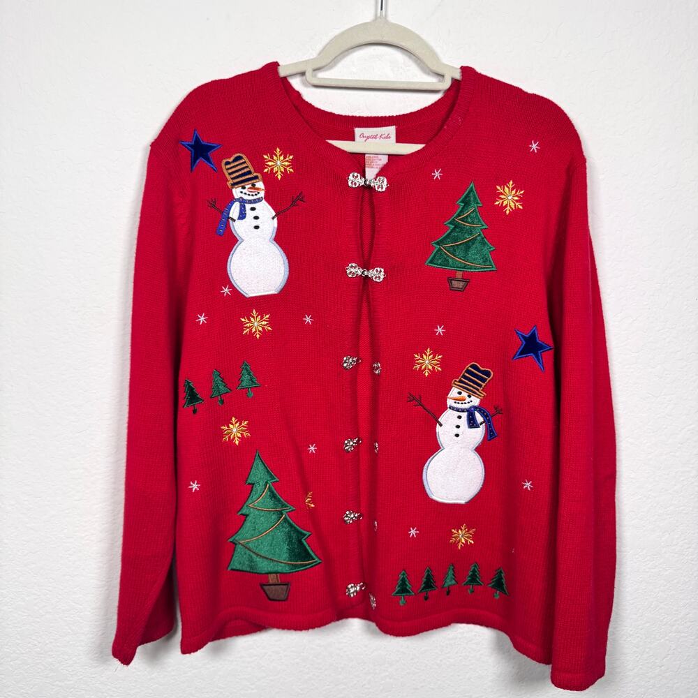 Crystal Kobe Women Vintage Christmas Holiday Cardigan Sweater Sz M Embroider Red